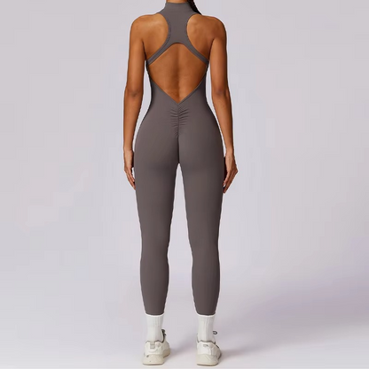Women’s V-Back One-Piece Sports Jumpsuit – Sleeveless Zip-Up Yoga Romper, Backless Workout Bodysuit