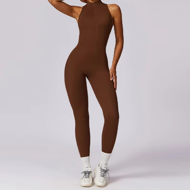 Women’s V-Back One-Piece Sports Jumpsuit – Sleeveless Zip-Up Yoga Romper, Backless Workout Bodysuit