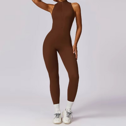 Women’s V-Back One-Piece Sports Jumpsuit – Sleeveless Zip-Up Yoga Romper, Backless Workout Bodysuit
