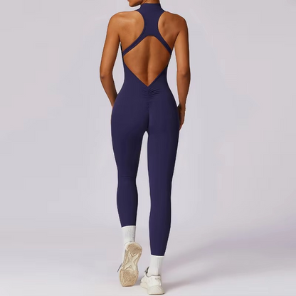 Women’s V-Back One-Piece Sports Jumpsuit – Sleeveless Zip-Up Yoga Romper, Backless Workout Bodysuit